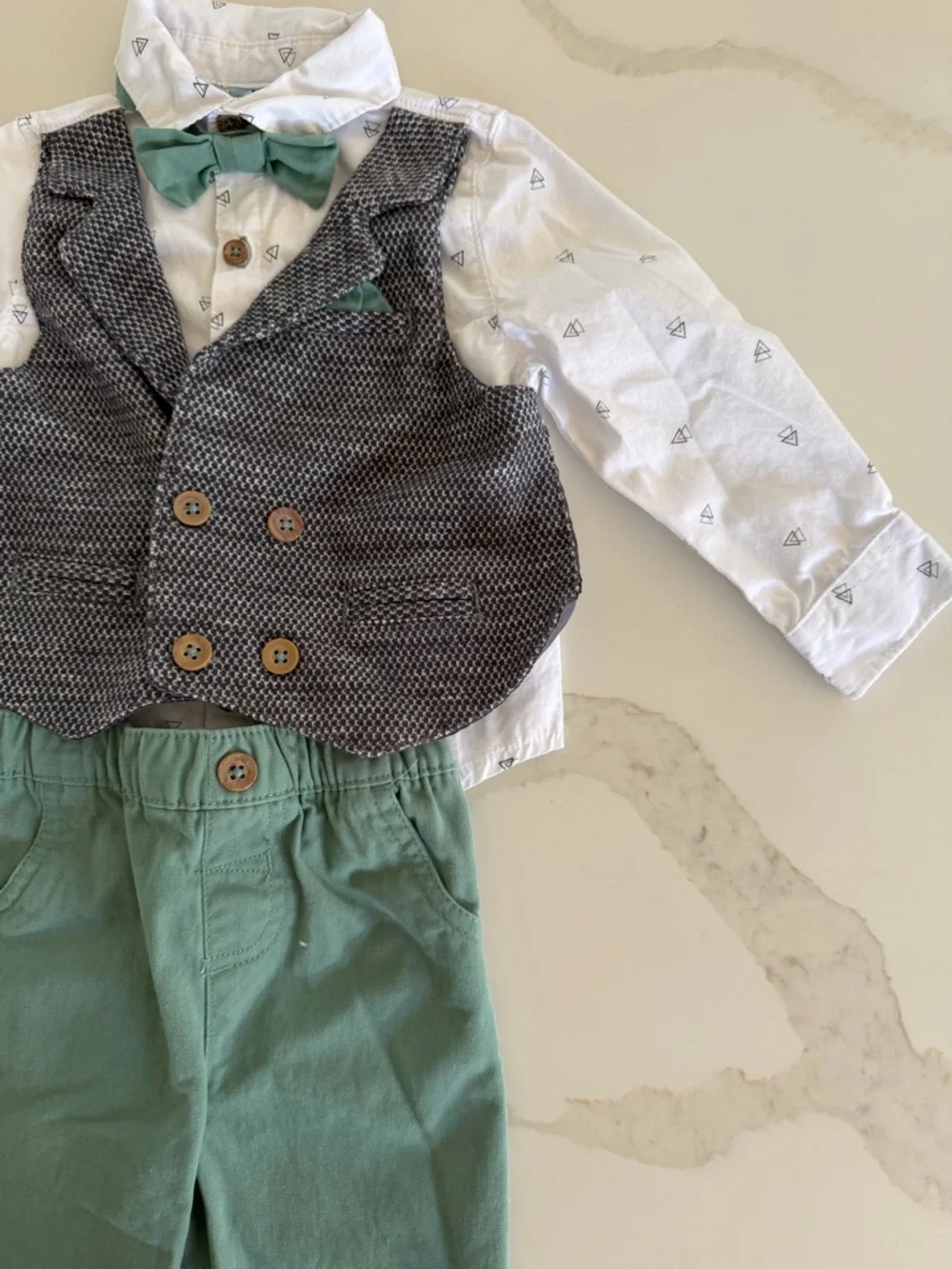 Green Bow Tie & Pants Formal Set with Gray Vest